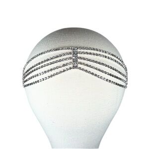 Silver Tone White Rhinestone Four Row Chain Headband